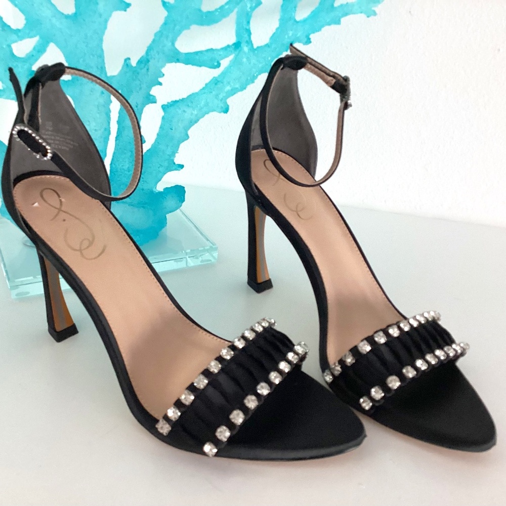 NEW SAM EDELMAN BLACK SATIN CRYSTAL EMBELLISHED SANDALS HEELS SHOES Sz 7